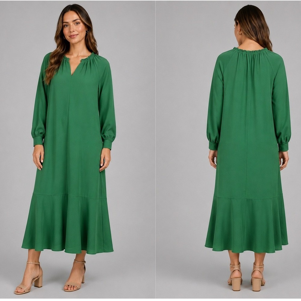 Tibi Savanna Crepe Ruffle Neck Maxi Dress 4 Kelly Green V-Neck Long Sleeve Shoes